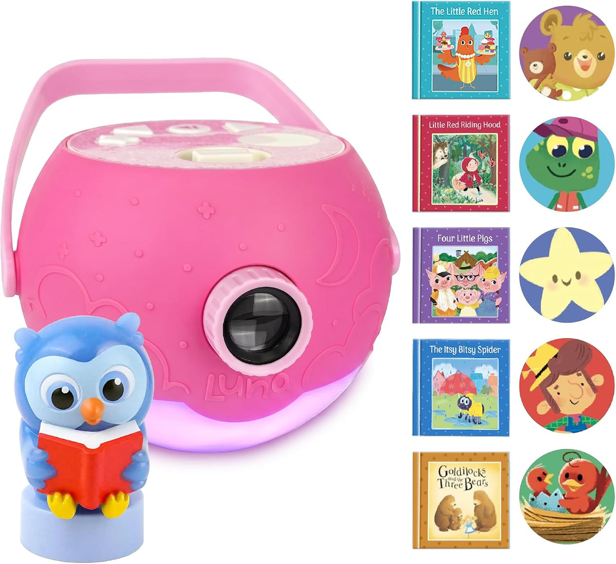 Kids Pink Book Projector, 5 Read Aloud Fairytale Stories - Pink Projector & Owl
