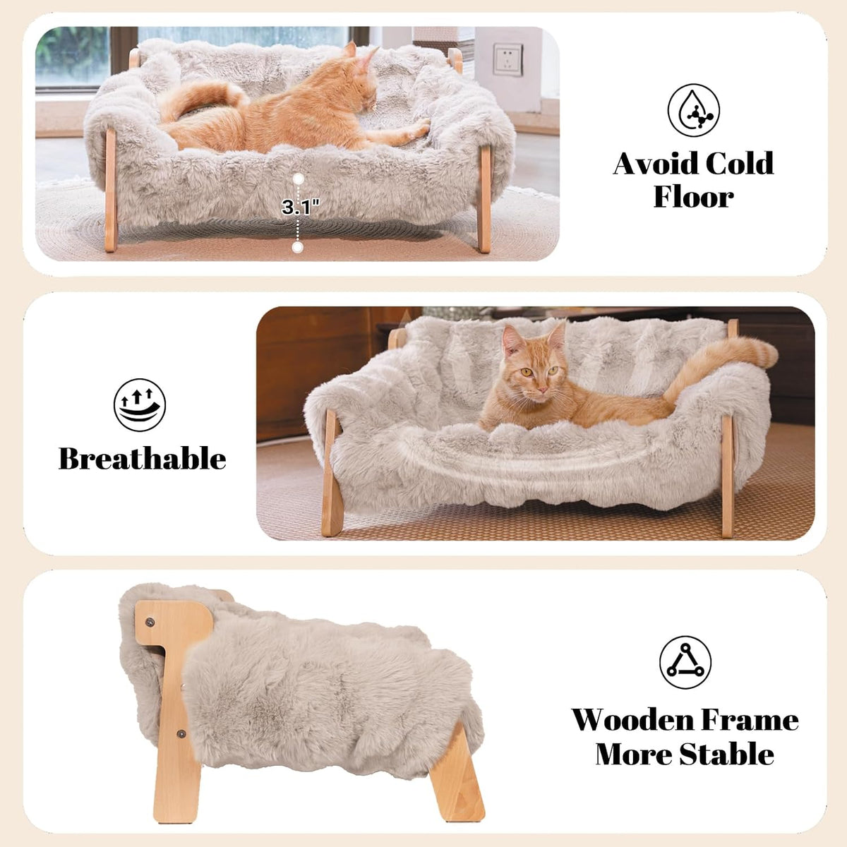 Elevated Cat Couch Bed Wooden Raised Kitty Sofa Lounge Chair – Essentials for Cats - Cat Sofa-Khaki(Light Gray) - image 4
