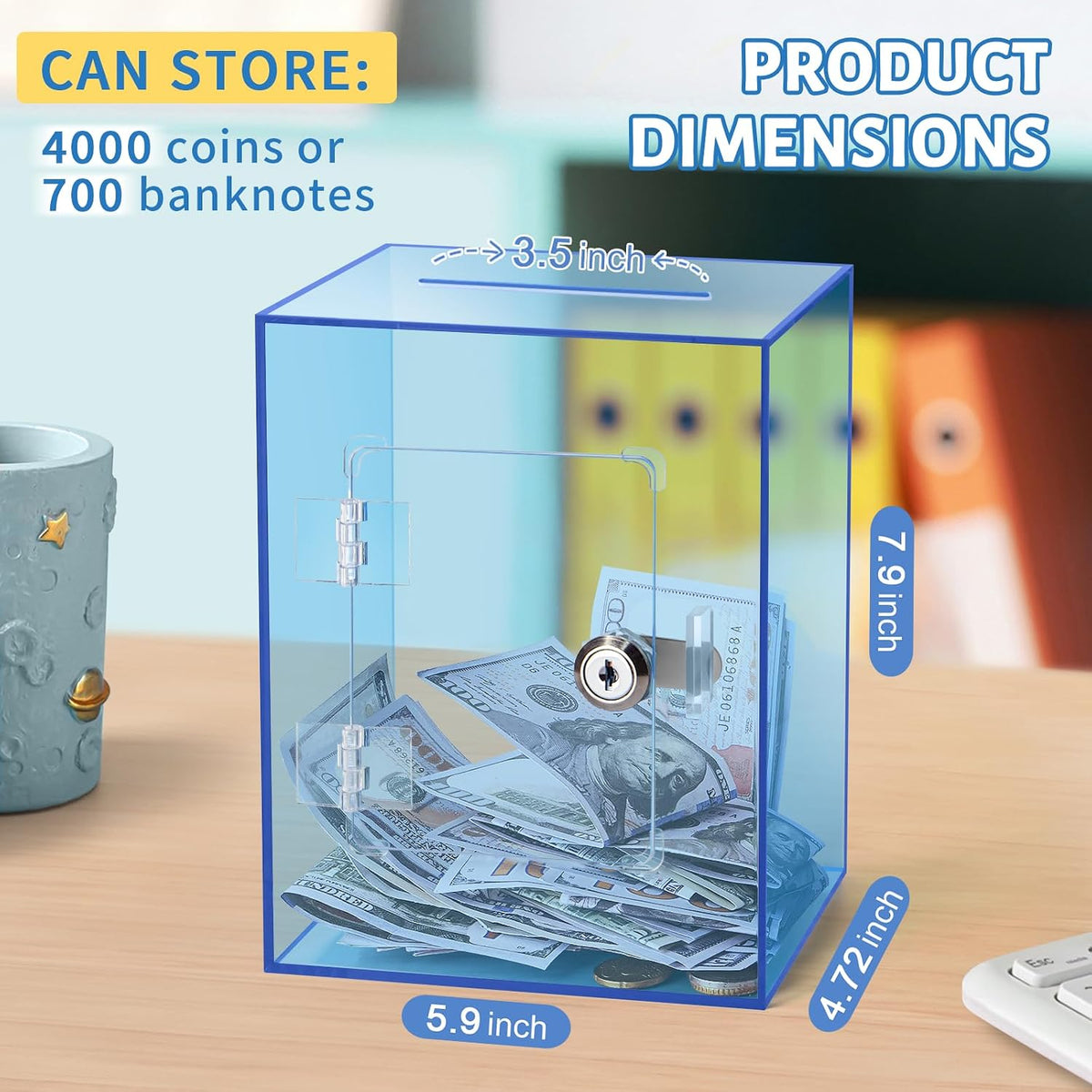 Clear Pink Piggy Bank with Lock & Key for Adults - Blue - image 2