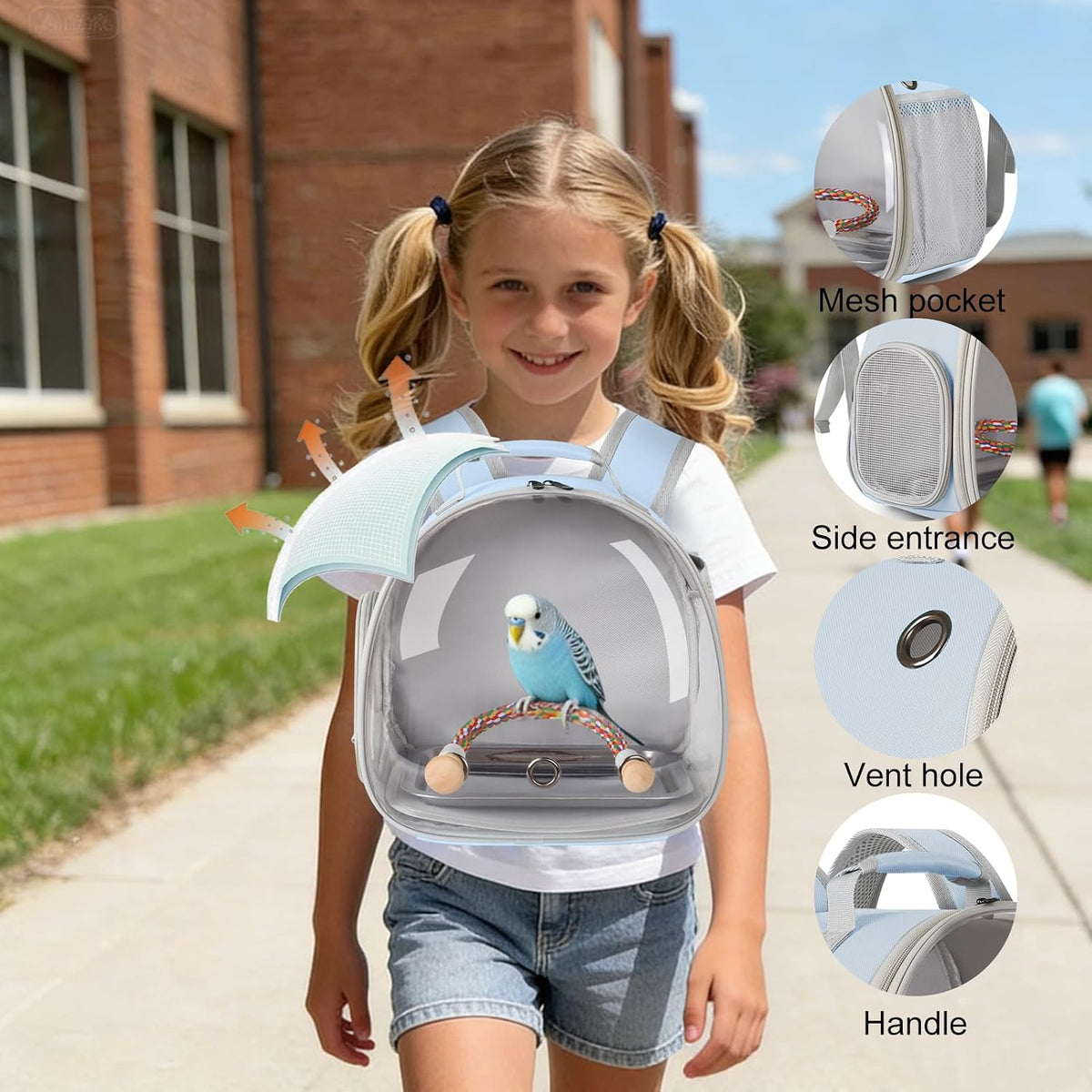 Small Bird Travel Backpack Carrier Cage - Blue / Clear Bubble + Tray - image 3