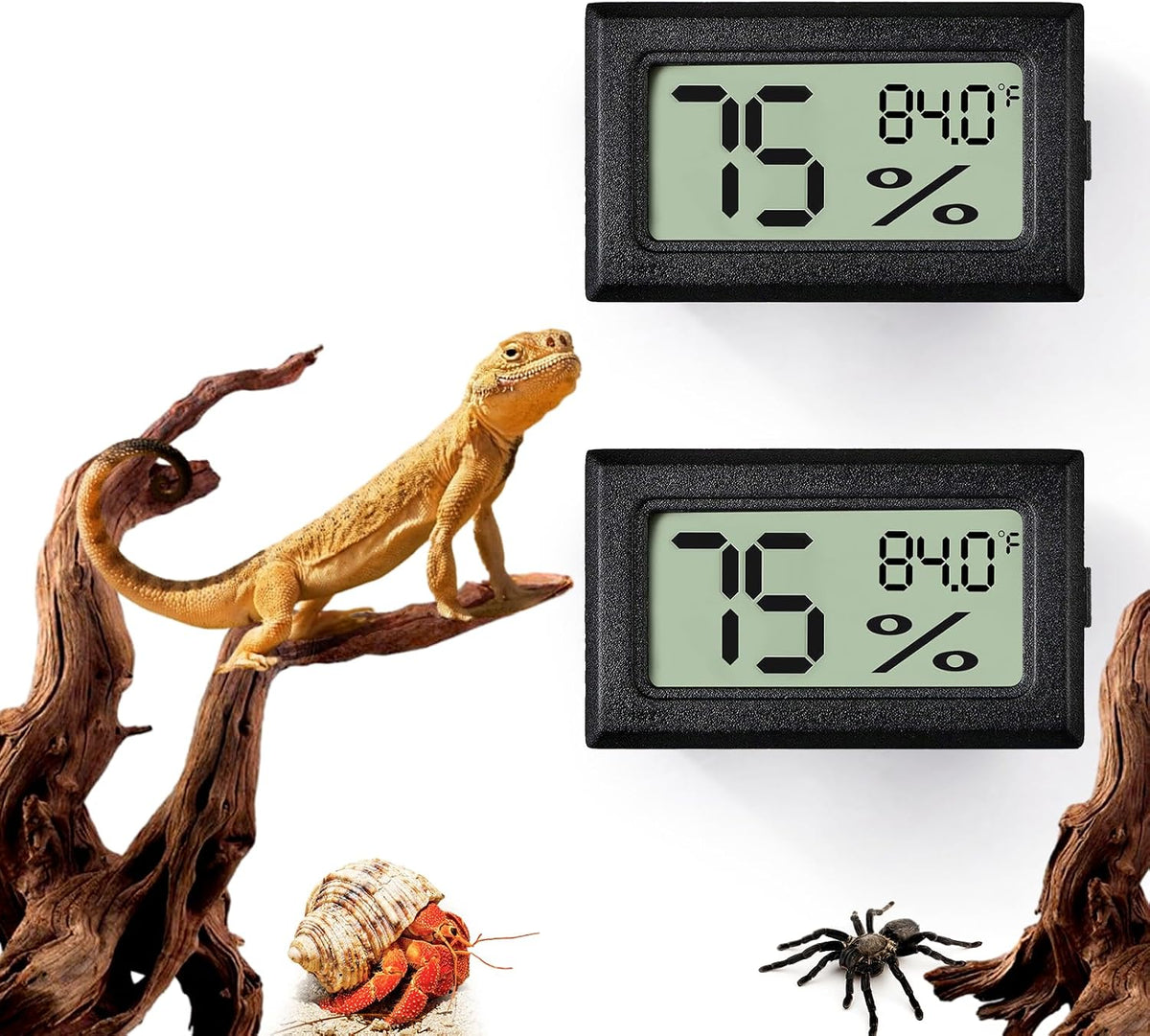 2 PCS Rectangle Reptile Thermometer and Humidity Gauge for Bearded - Black Rectangle