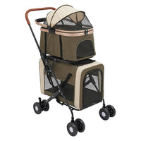 Double Pet Stroller for Dogs and Cats, Foldable Dog Stroller Travel Carriage with Detachable Carriers, Safety Belts, and 4 Lockable Wheels for Small to Medium Pets (Dark Green)