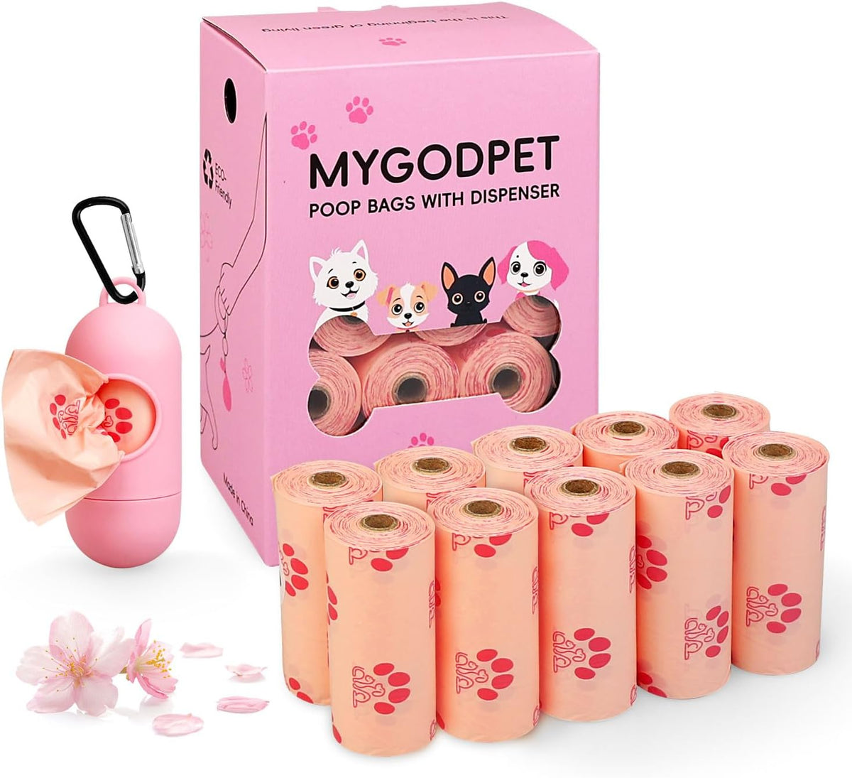 Dog Poop Bags Rolls with Dispenser 150 Count Biodegradable Bags - 1 Count (Pack of 150) / A-Pink(Cherry Blossom)-1 Dispenser+150 Bags
