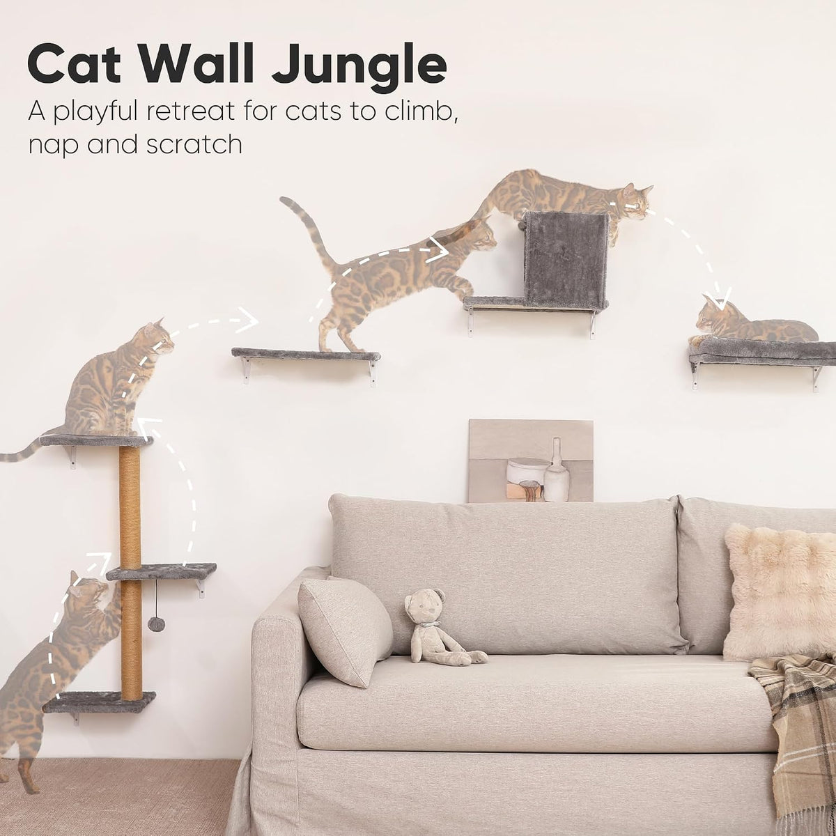 FUKUMARU Cat Wall Shelves - Light Gray / 4-Piece Set without Hammock - image 2