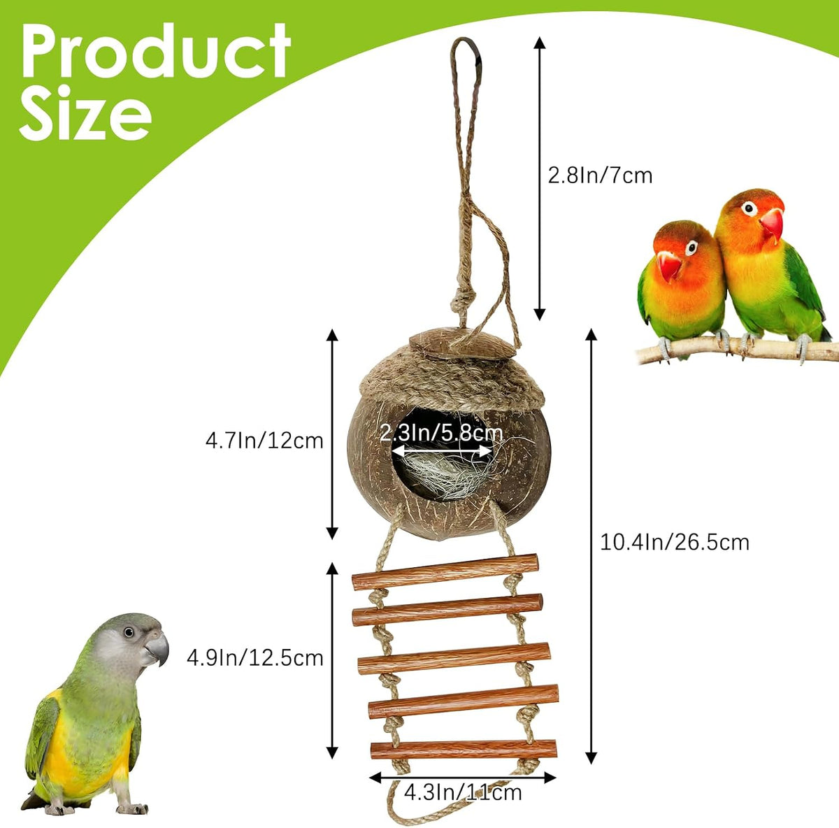 Natural Coconut Hide with Ladder Perches Hanging Bird House Toy - 1pc Coconut Hide with Ladder &Rope - image 3