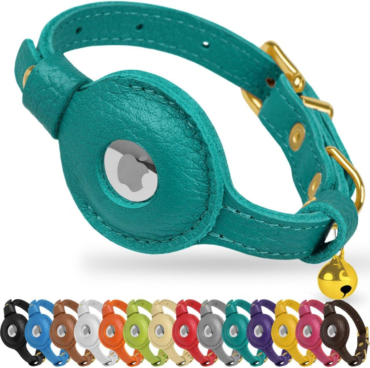 OOPSDOGGY Leather AirTag Cat Collar with Bell - Aquamarine