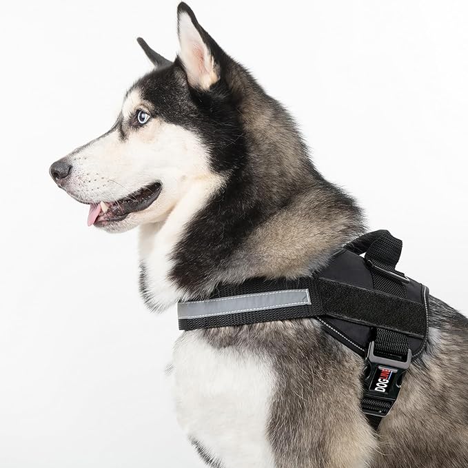 Dogline Dog Harness, Reflective No-Pull Adjustable Vest with Handle for Walking, Training, Breathable, No - Choke Harness for Small, Medium or Large Dogs Room for Patches Girth 27 to 34 in Black