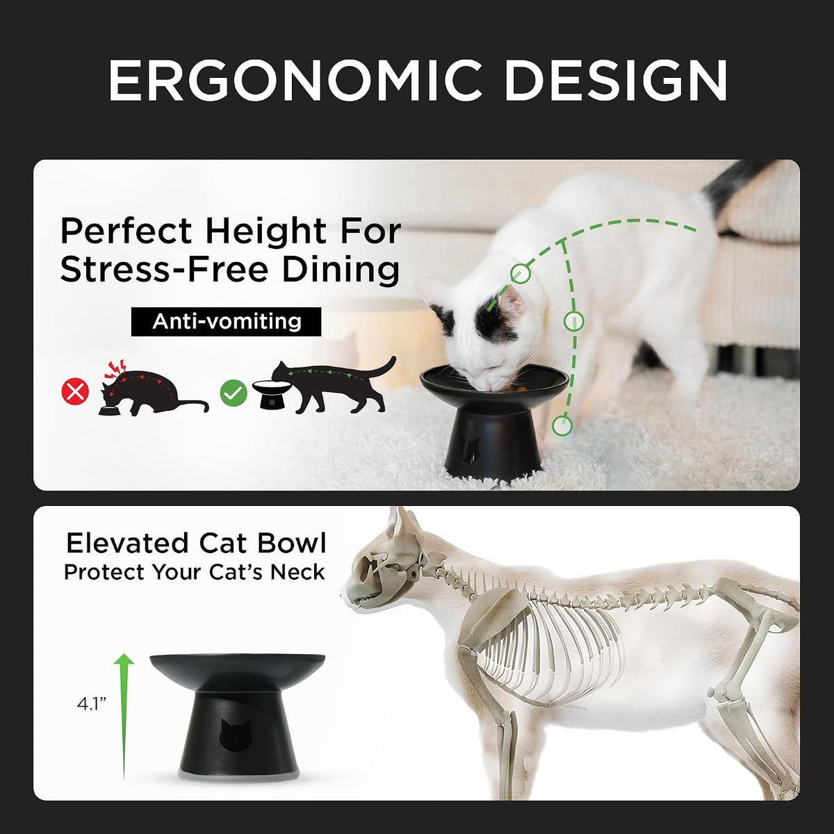 Necoichi BPA-Free Extra-Wide Elevated Cat Food Bowls - Black and Gray (Urban Fog) - image 3