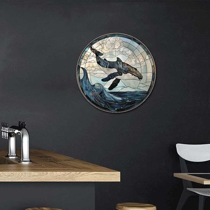 Lygond Metal Sign Tin Sign Circular Stained Glass Whale Bar Sign for Garage 8×8 Inches
