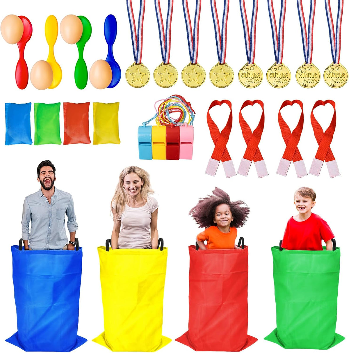 Tlooe potato sack race bags yard game set with bean bags, eggs, spoons and medals