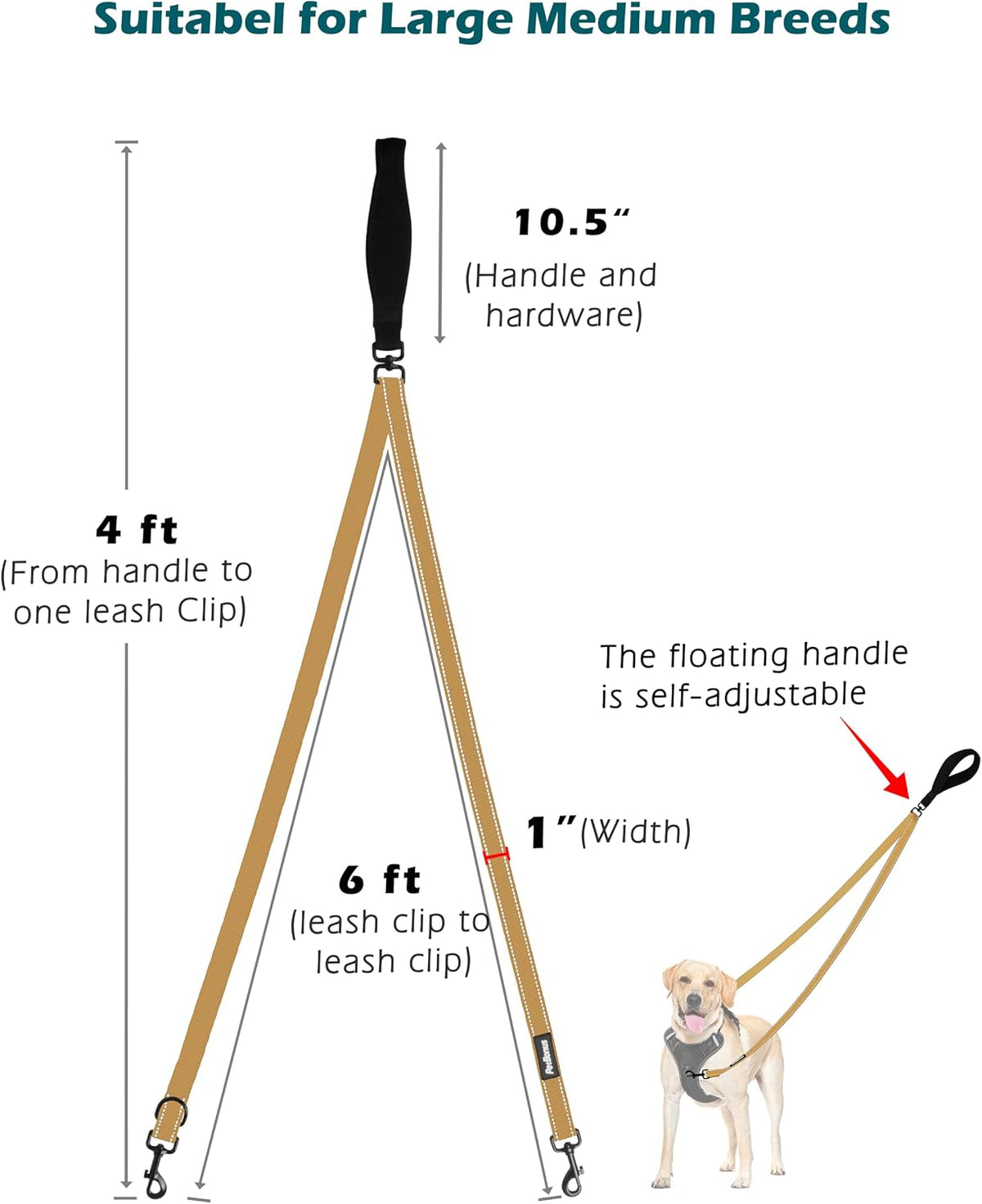 Two Point Control Dog Leash, No Tangle Training Walking Leashes – Essentials for Dogs - Khaki - image 4