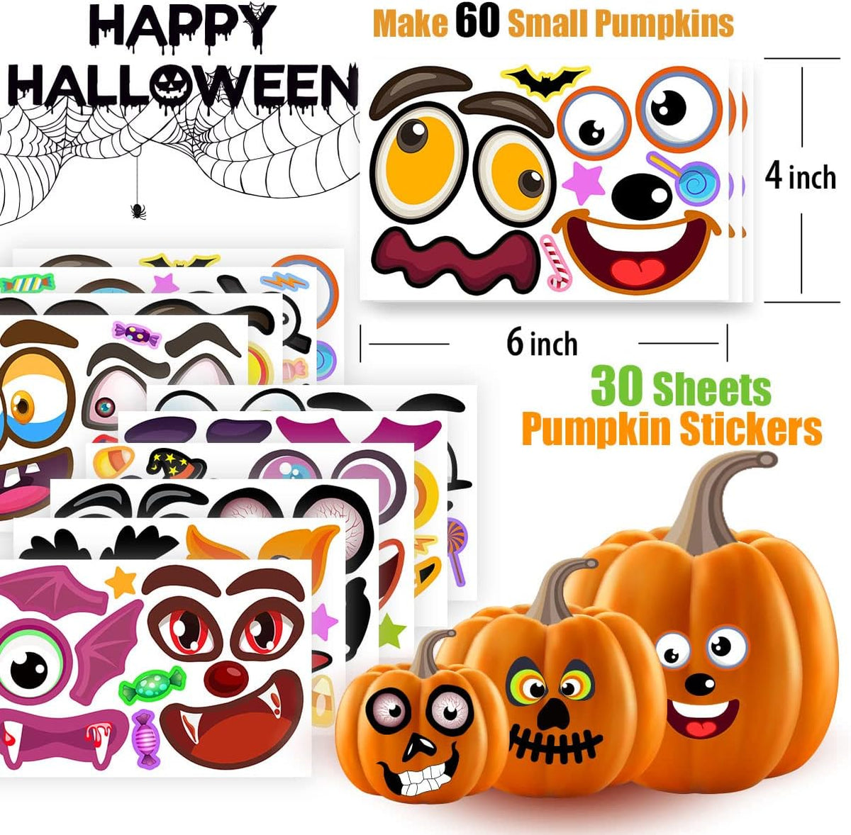 60 Packs Halloween Stickers Pumpkin Decorating Kit - 60pcs Pumpkin Sticker - image 2