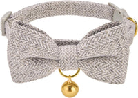 Breakaway Cat Collar with Bow Tie and Bell Adjustable Soft Corduroy - Small: Neck 7.5" - 11.0" / Tweed-Grey