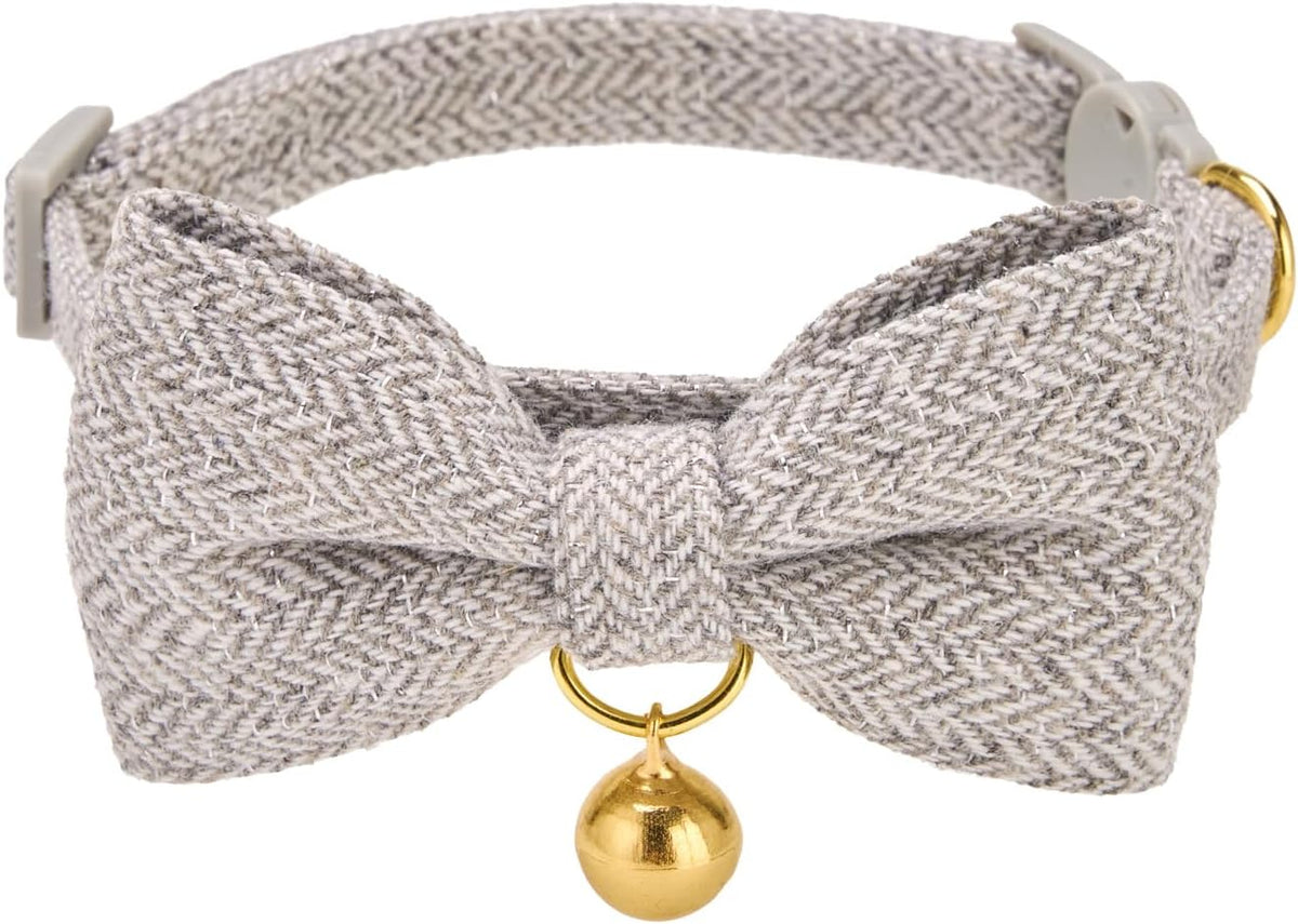 Breakaway Cat Collar with Bow Tie and Bell Adjustable Soft Corduroy - Small: Neck 7.5" - 11.0" / Tweed-Grey
