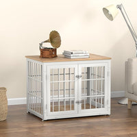32 Inch Heavy Duty Dog Crate Furniture for Medium and Small Dogs, Decorative Pet House End Table, Wooden Cage Kennel Furniture Indoor, Natural and White