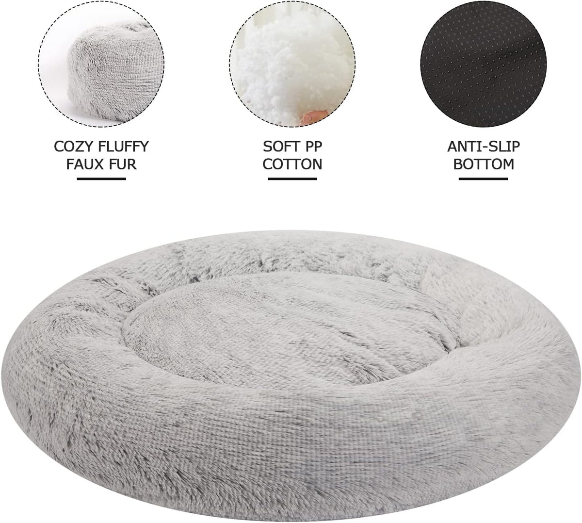 Calming Fluffy Donut Dog Bed for Large Dogs, 36" Round - 45.0"L x 45.0"W x 10.0"Th / Light Grey - image 3