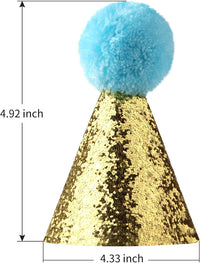 Set of 3 glitter dog birthday hats in blue, pink and silver with pom-pom toppers - view 2