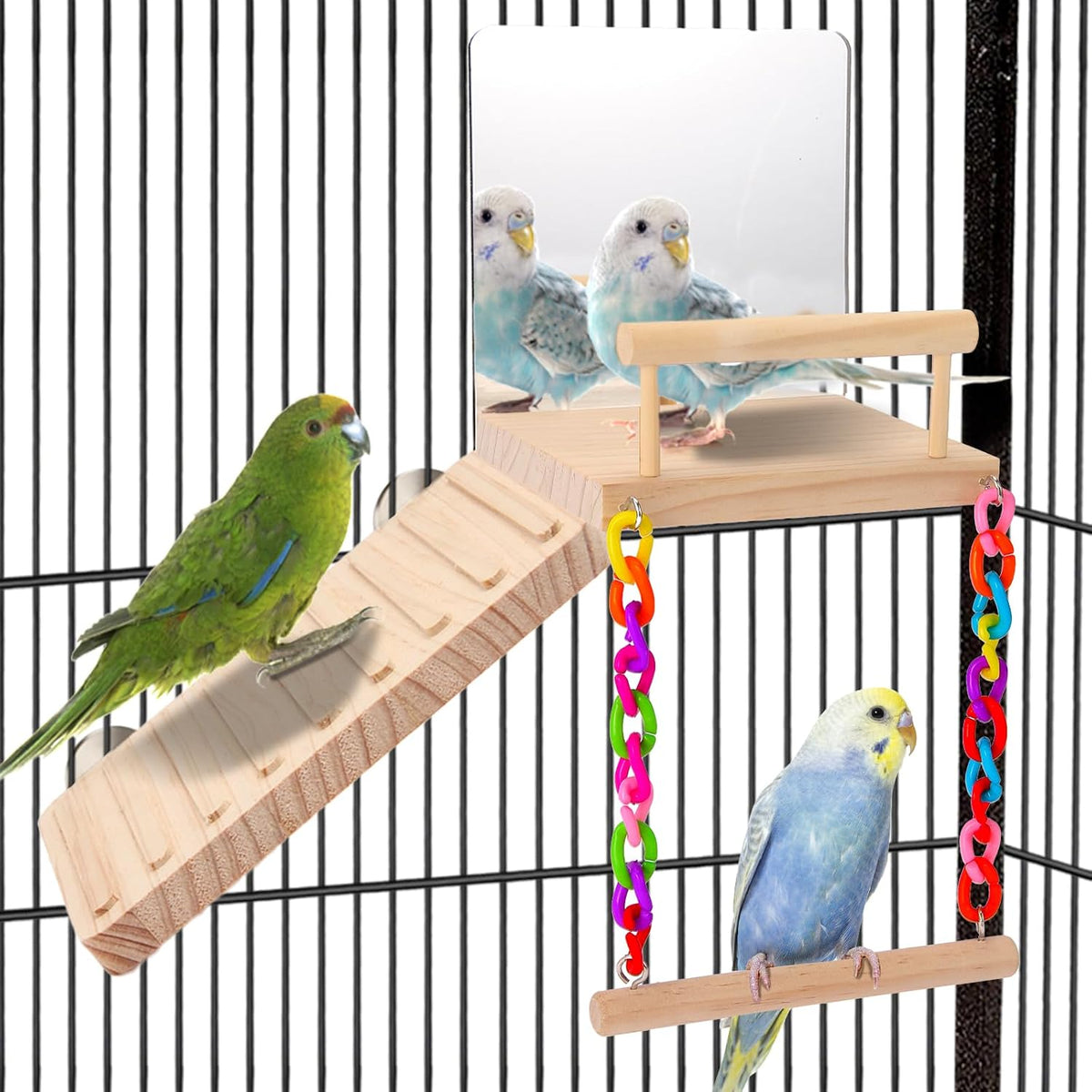 KyoukiBird Perch Platform Bird Toys with Bird Mirror Climbing Ladder