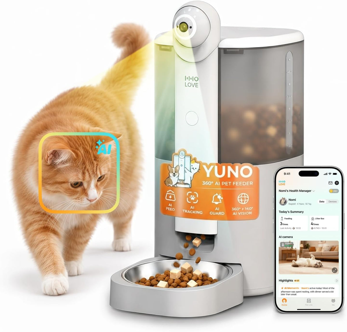 Yuno AI Smart Automatic Cat Feeder with 2K 360° Camera Auto-Track