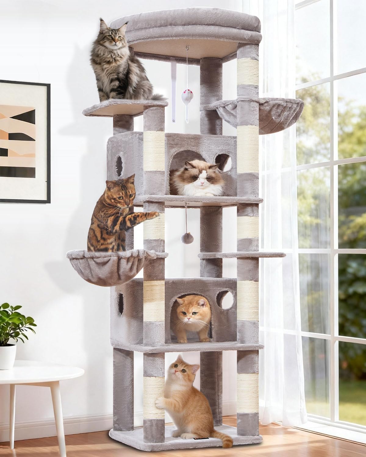 Taoqimiao Cat Tree, 67 in Tall Cat Tower with 2 Plush Cat Condos – Essentials for Cats - Sturdy-73IN / Light Gray