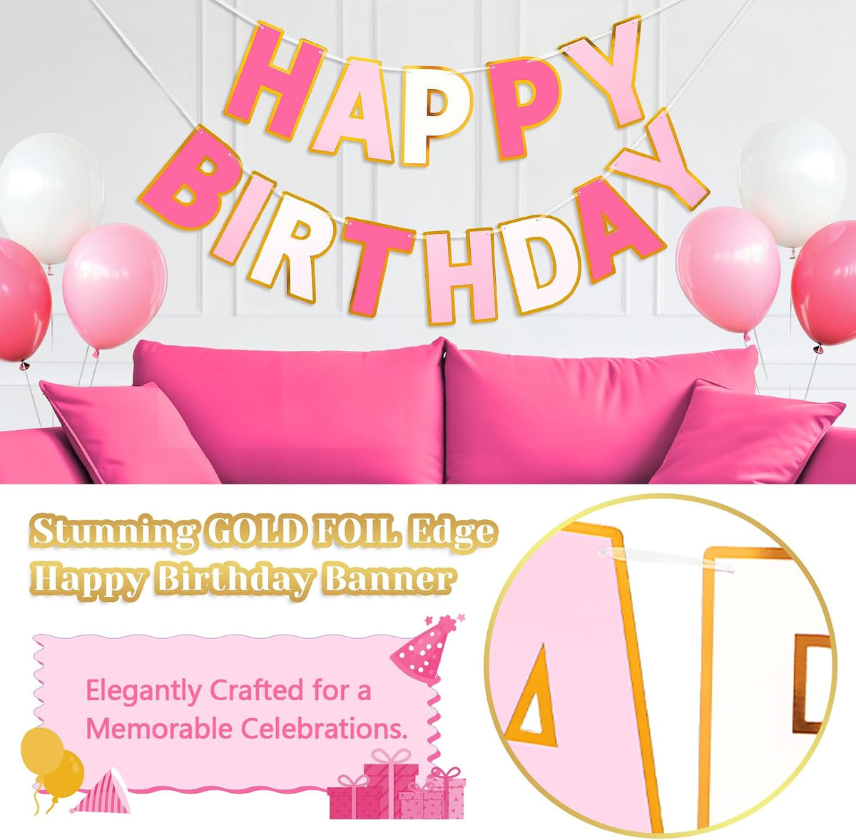 Pre-Strung Happy Birthday Banner - Roseo Pink - image 3