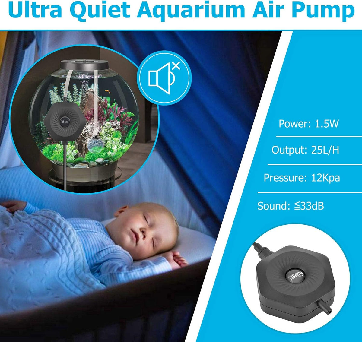 hygger Ultra Silent 1.5W Fish Bowl Aqaurium Mini Air Pump - Black - image 3
