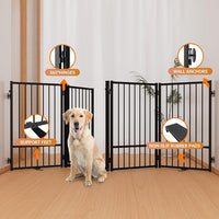 Full Metal Freestanding Dog Gate with Door, 32''Height Foldable Pet Dog Fence for Indoor & Outdoor, 4 Panels Extra Wide Free Standing TallDog Gates for Doorways,House,Stairs,Porch,Deck,Yard