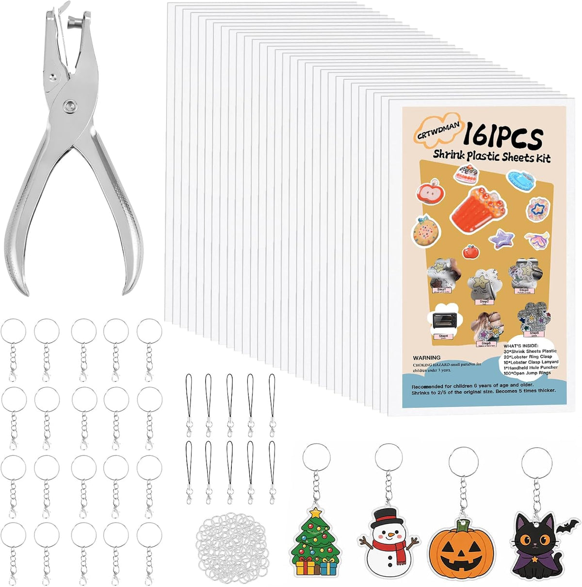 161 Pcs Halloween Shrink Paper Keychain Kit