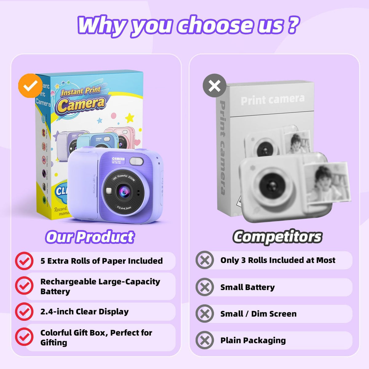 Kids Instant Print Camera with 5 Rolls Print Paper - Purple - image 2