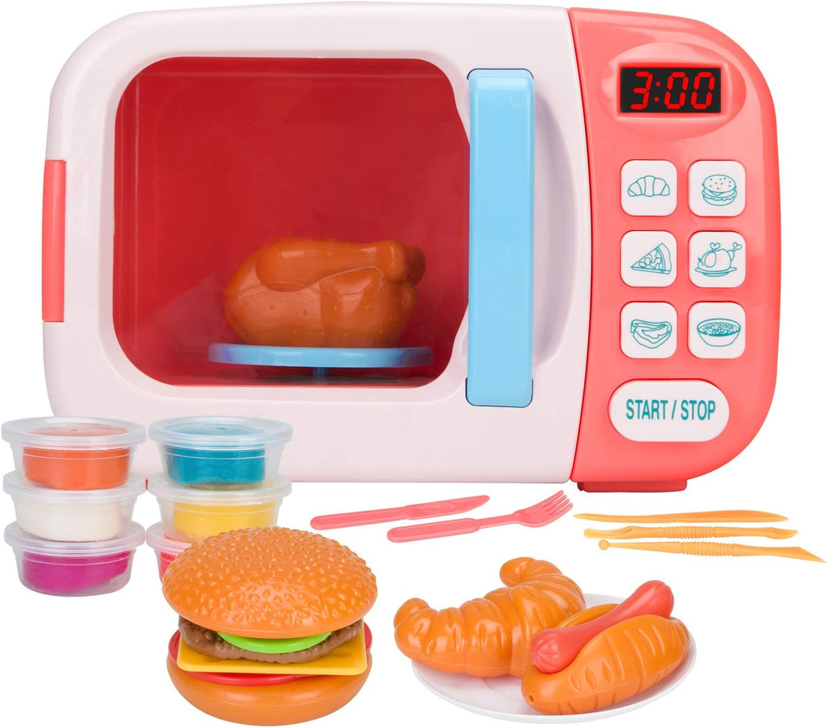 BoterLun toy microwave play set with light-up buttons, play food and colorful play dough