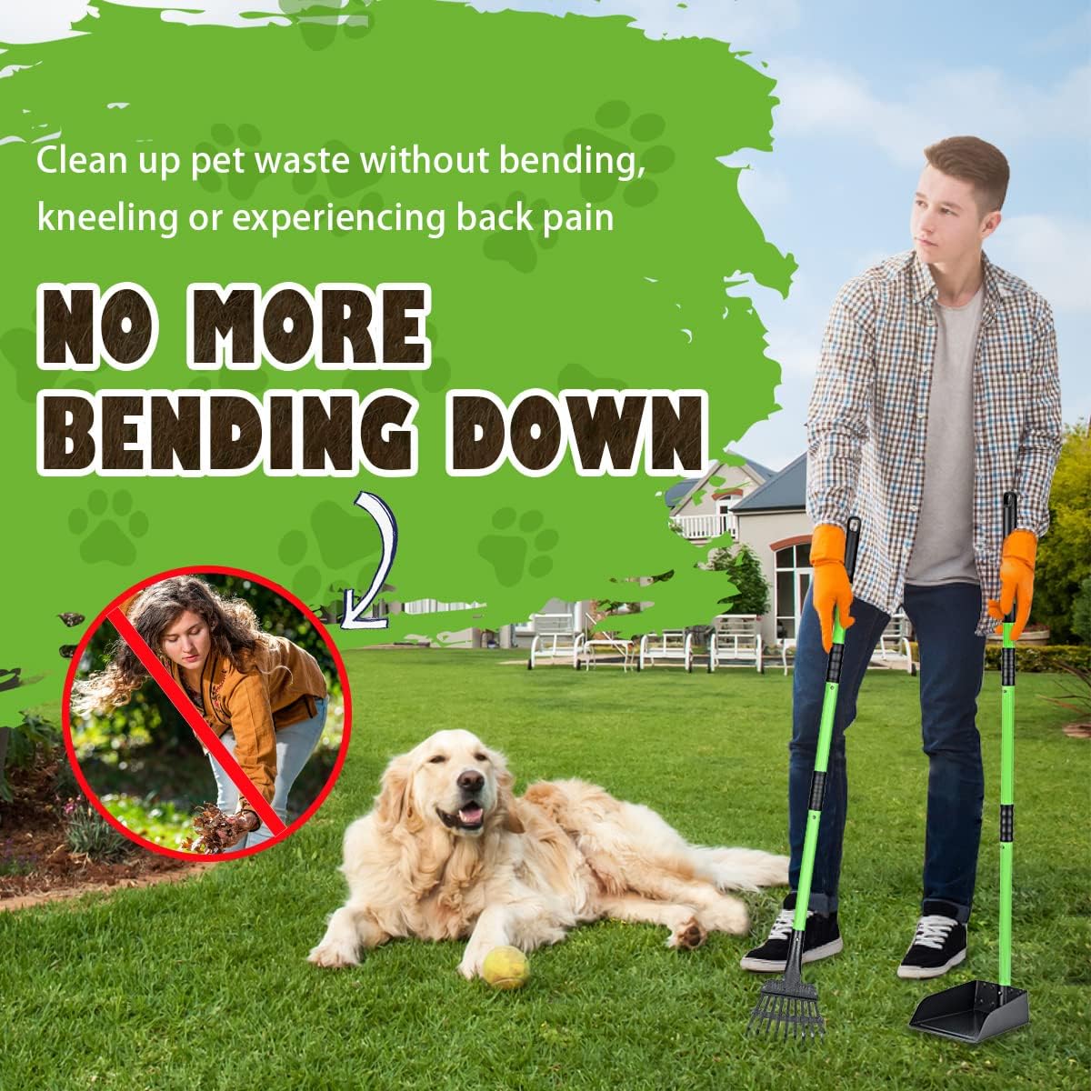 MXF Pooper Scooper, Dog Pooper Scooper Long Handle Stainless Metal Tray and Rake Set for Medium - image 2