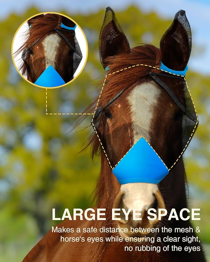 Hilltown Adjustable Fly Mask for Horse with Ears - UV-Block, Large Eye Space, Breathable, Built to Last, Comfort Fit - Horse Fly Mask for Daily Stable, Hot Weather Riding & Competition - Pony, Blue
