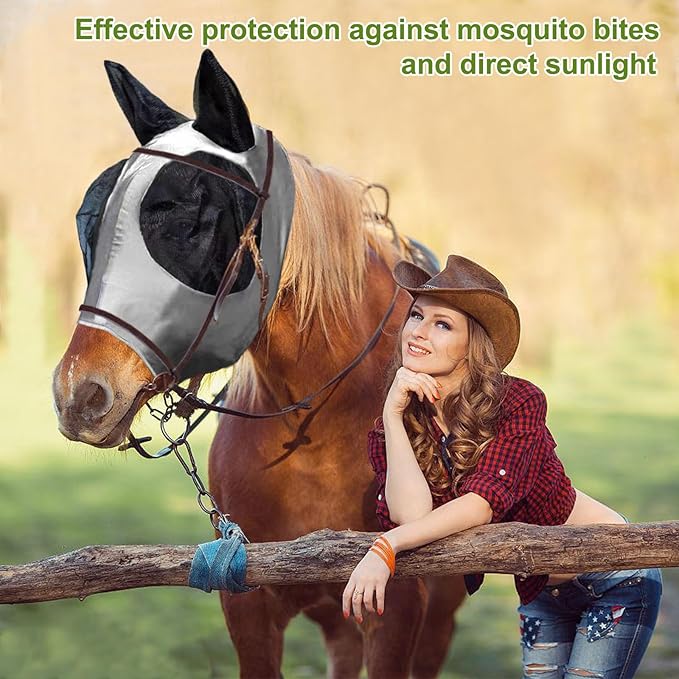 Horse Fly Mask with Ears, Comfortable Fit Stretch Fabric with UV Protection Soft on Skin Breathability for Small/Medium Size Horses (Gray)