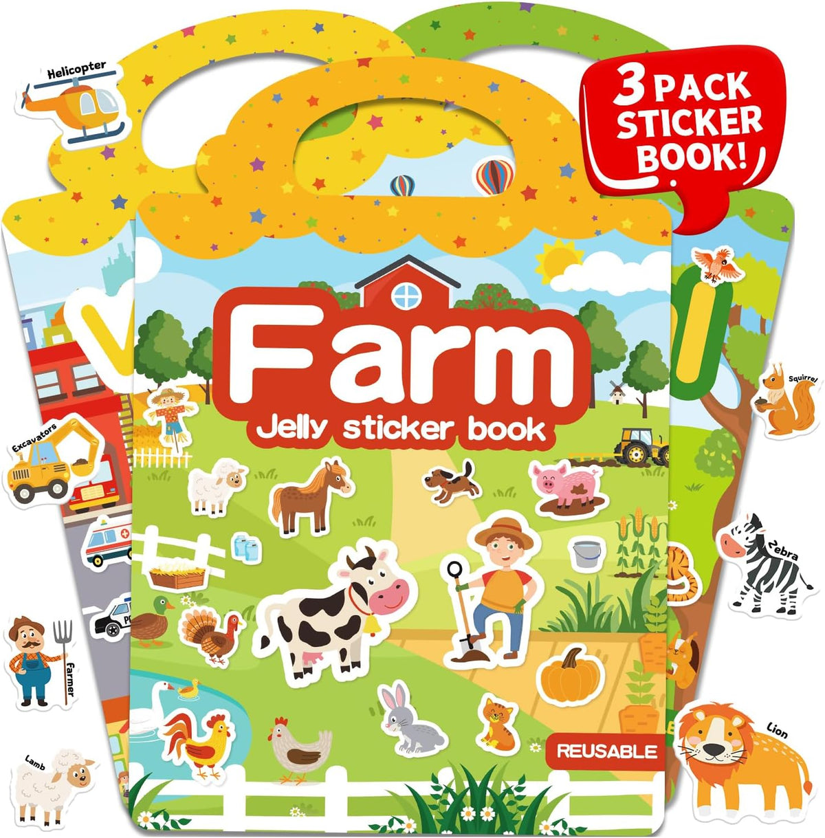 6 Sets Reusable Sticker Book for Toddlers 3-6 - Farm+Vehicles+Animal