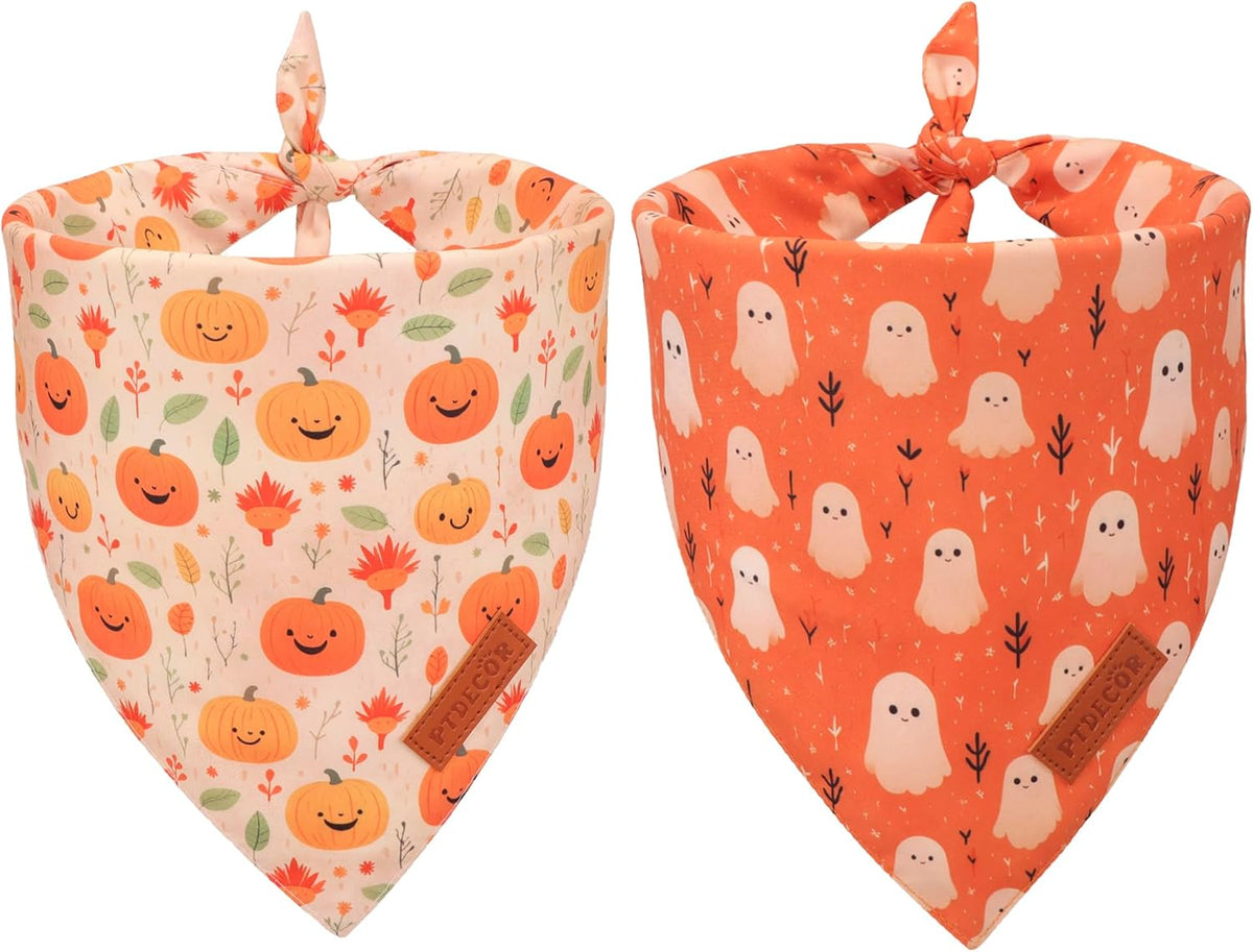 PTDECOR Halloween Dog Bandana, Ghost Pumpkin Dog Scarf - Small / Yellow&Orange