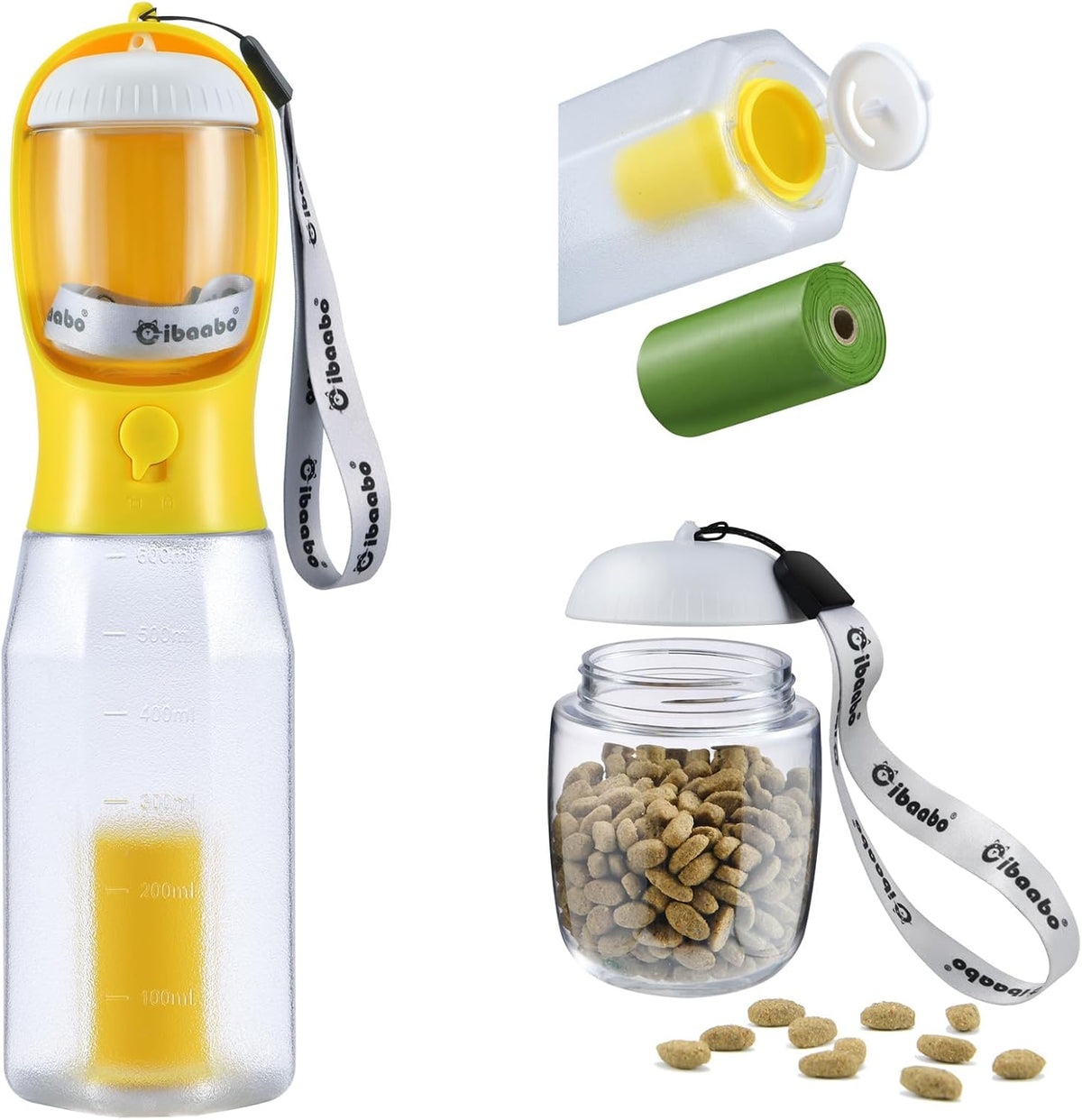 Dog Water Bottle with Food Container & Poop Bag Holder & Filter – Essentials for Dogs - #12 Yellow / 20oz
