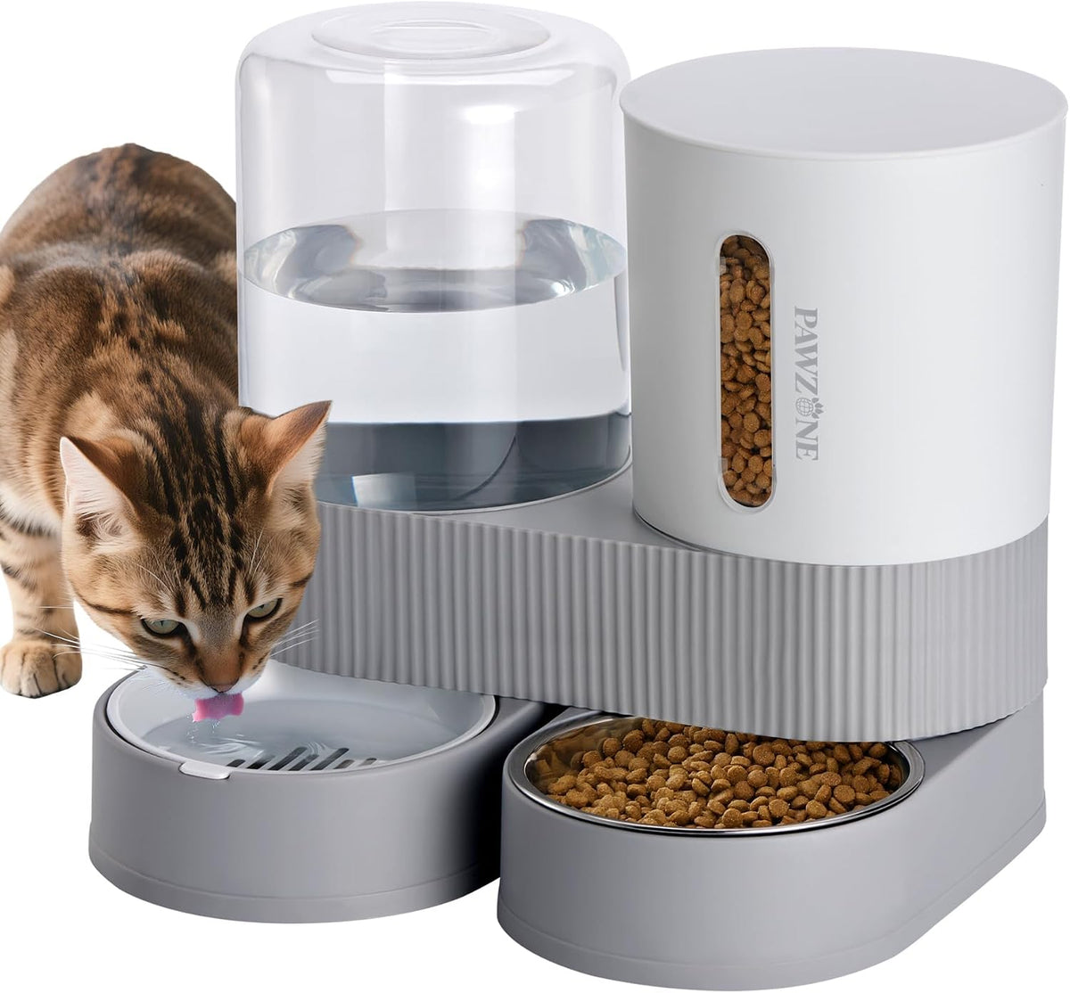 Automatic Cat Feeder Stainless Steel Water Dispenser Gravity Food - Grey