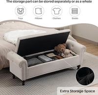 58.1'' Storage Bench Upholstered Linen End of Bedroom Bed Bench Ottoman with Tufted Cushioned Rolled Arm Large Storage Space for Reading Living Room Entryway, Beige