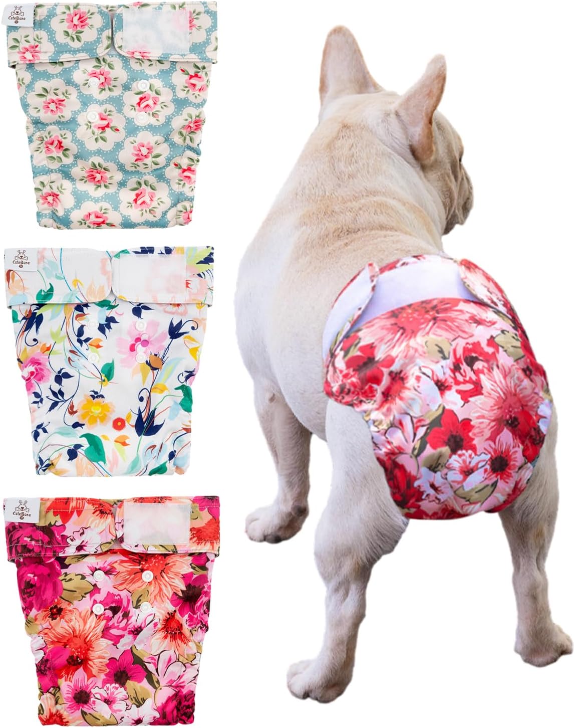 CuteBone Washable Dog Diapers Female No Tail Hole 3 Pack Reusable - For docked-tail, floral / XS