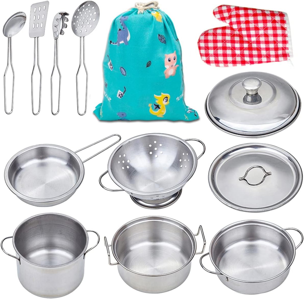 Yellora 12 piece stainless steel play pots and pans set with lids and utensils