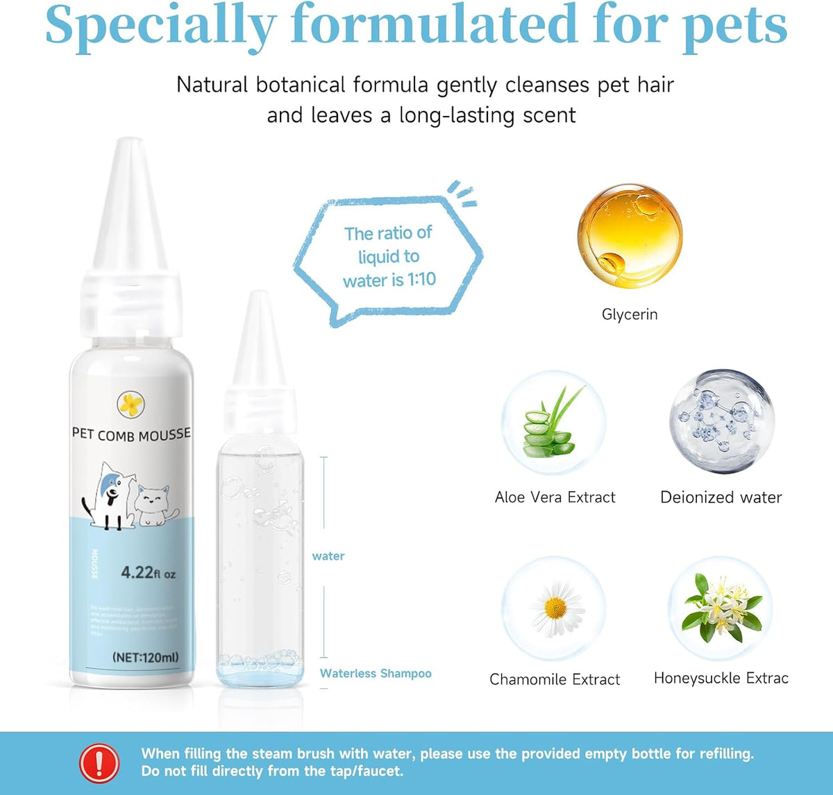 Pet Steam Brush for Dog & Cat Includes Waterless 2*Shampoo – Essentials for Cats - 7.8"-240ML - image 3