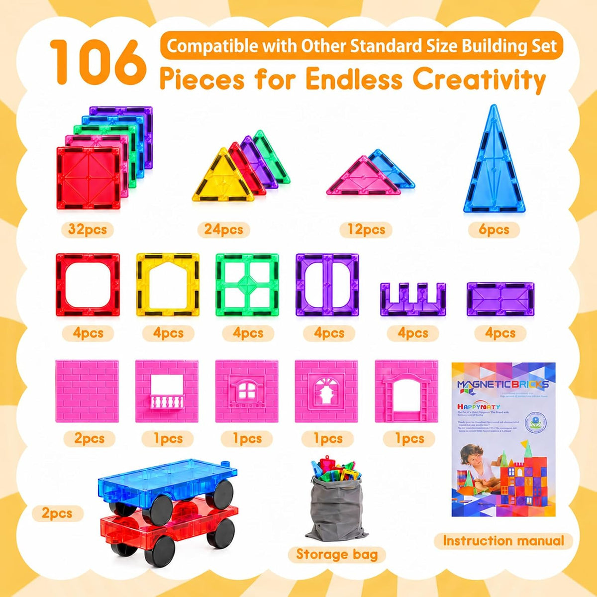 Antibacterial Magnetic Tiles - 106 PCS (2 Cars Included) - image 2