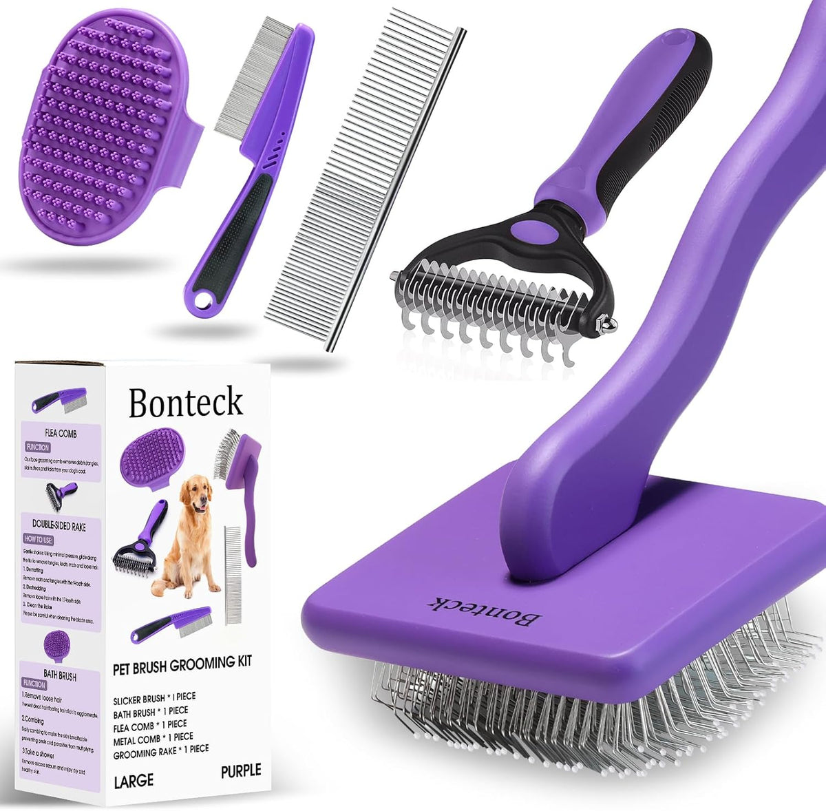 Dog Slicker Brush for Dogs Grooming Kit 5PCS Long Haired Doodles – Essentials for Dogs - Purple