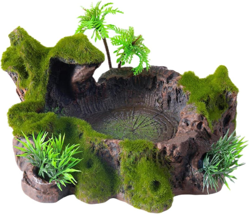 QIRMIZI Reptile Decor, Plastic Reptile Platform with Artificial Plants - Basking Habitat Decor