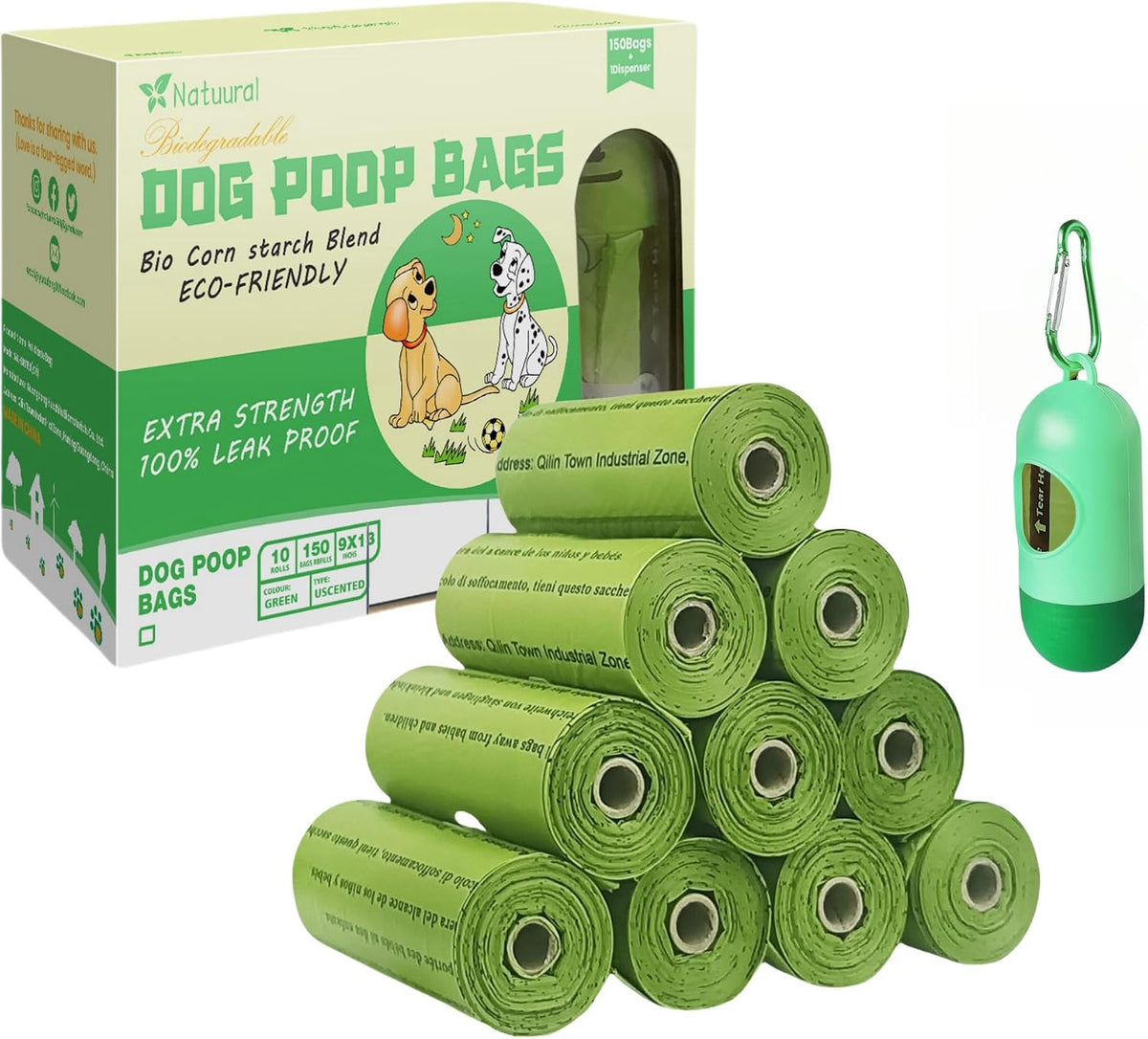 Dog Poop Bags-150 Counts with Leash Dispenser, 10 Rolls - Green / 1 Count (Pack of 150)