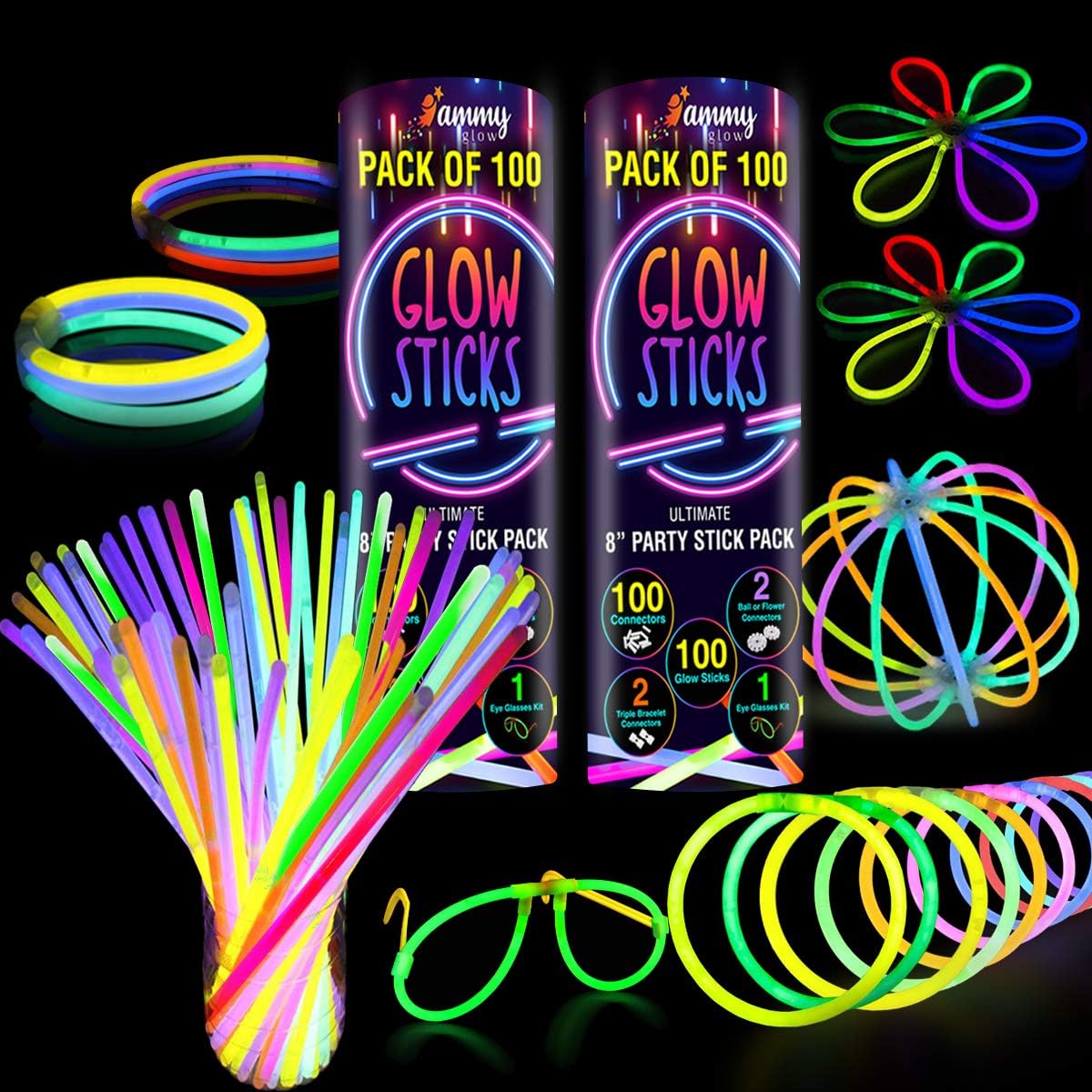 Ammy Glow Sticks Bulk Party Pack-100 Pack Glow Sticks - 200 Pack