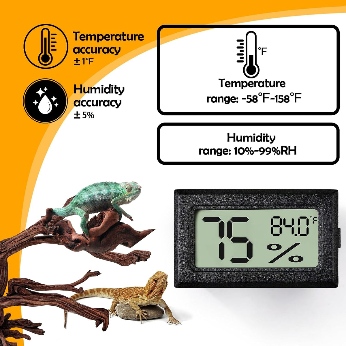 2 PCS Rectangle Reptile Thermometer and Humidity Gauge for Bearded - Black Rectangle - image 4
