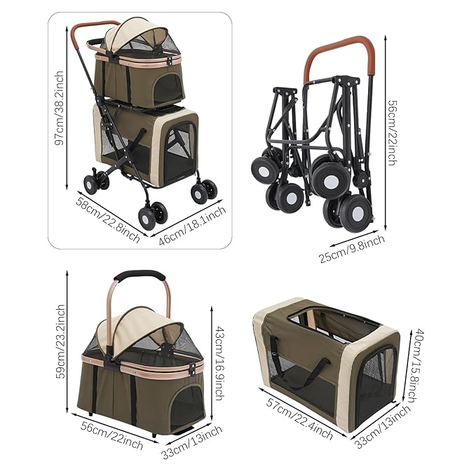 Double Pet Stroller for Dogs and Cats, Foldable Dog Stroller Travel Carriage with Detachable Carriers, Safety Belts, and 4 Lockable Wheels for Small to Medium Pets (Dark Green)