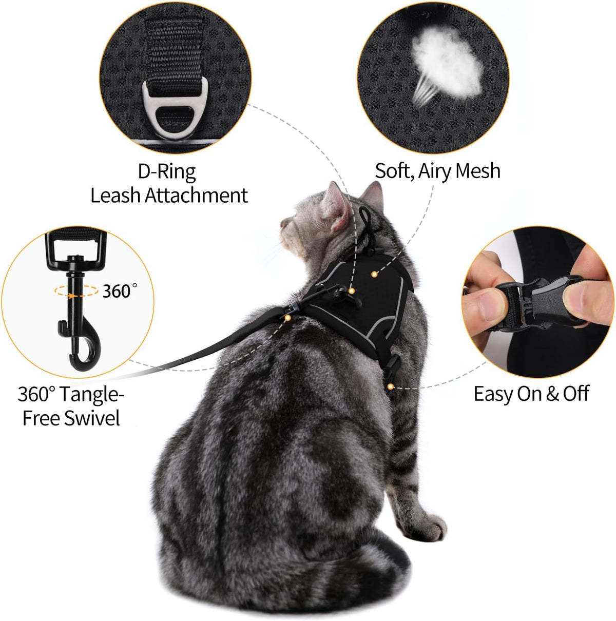 Dotoner Escape Proof Cat Harness and Leash Set Adjustable Soft Mesh - Black / Medium - image 2