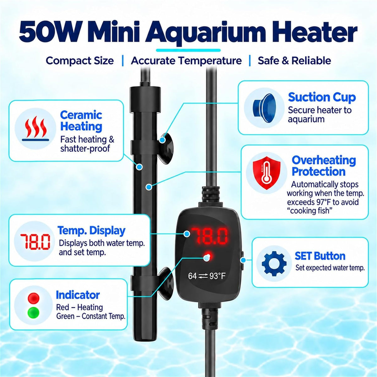 Thumb-Sized 15W Super Mini Aquarium Heater with Digital Display - For Aquariums ≤ 10 Gal - image 4